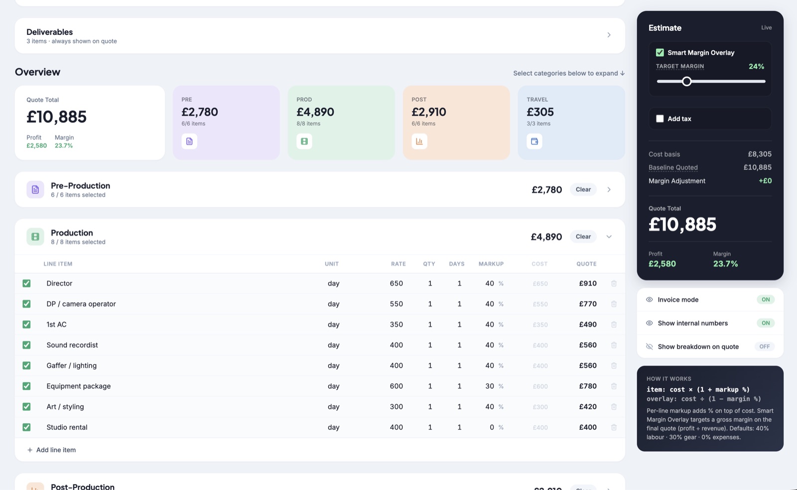 QuotePro — project builder with the live estimate panel